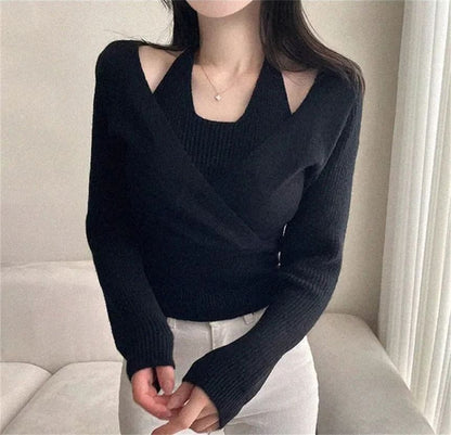 Cold Shoulder Mock Two-Piece Crop Sweater