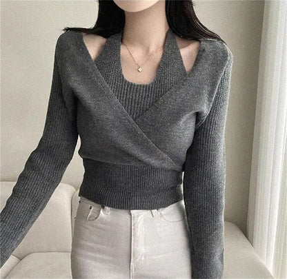 Cold Shoulder Mock Two-Piece Crop Sweater