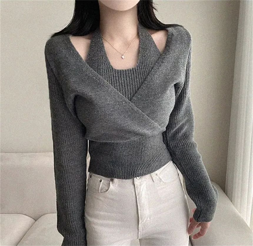 Cold Shoulder Mock Two-Piece Crop Sweater