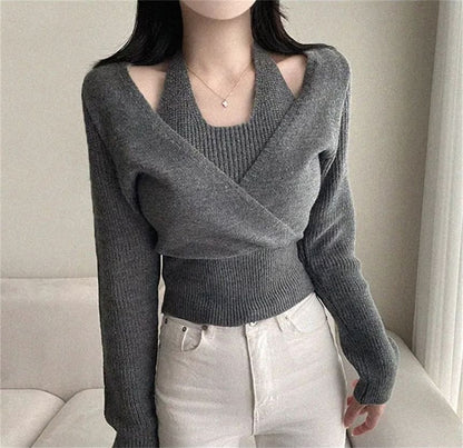 Cold Shoulder Mock Two-Piece Crop Sweater
