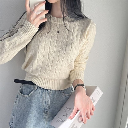 Cropped Cable Knit Round Neck Sweater