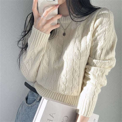 Cropped Cable Knit Round Neck Sweater