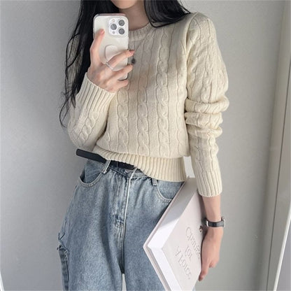Cropped Cable Knit Round Neck Sweater