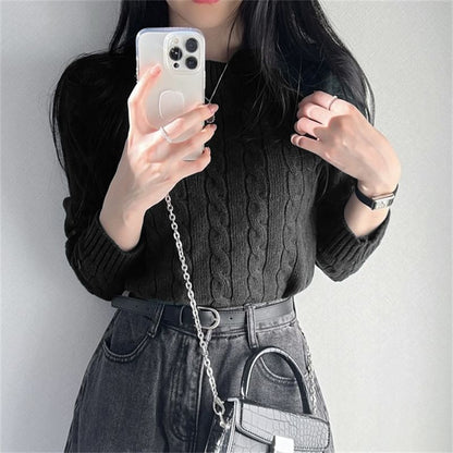 Cropped Cable Knit Round Neck Sweater