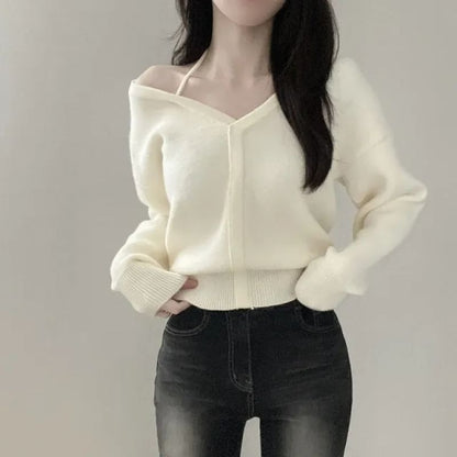 V-Neck Sweater with Cold Shoulder Detail