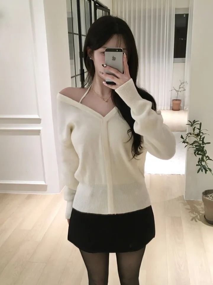 V-Neck Sweater with Cold Shoulder Detail