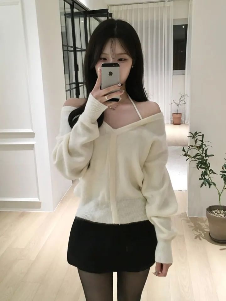 V-Neck Sweater with Cold Shoulder Detail