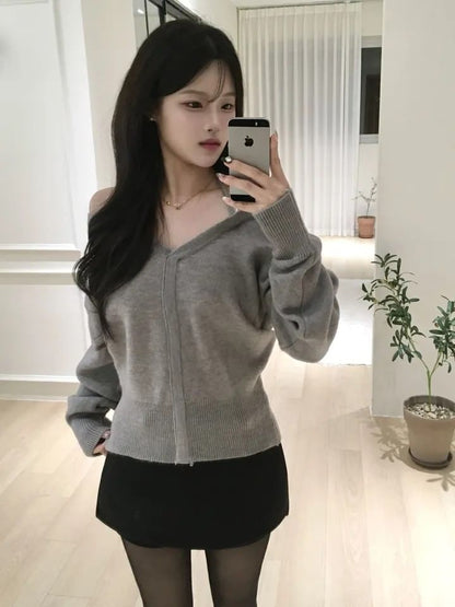 V-Neck Sweater with Cold Shoulder Detail