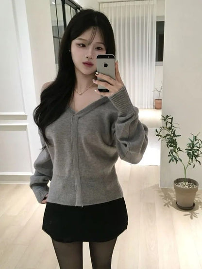 V-Neck Sweater with Cold Shoulder Detail