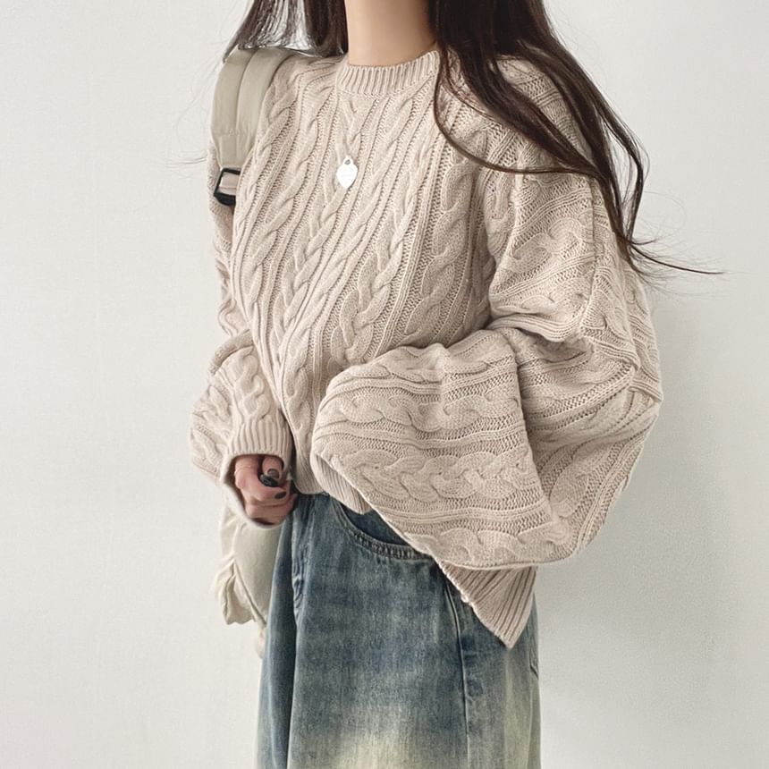 Cable Knit Crew Neck Sweater with Drop Shoulder