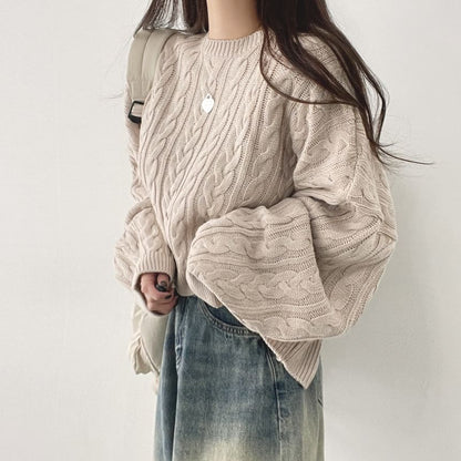 Cable Knit Crew Neck Sweater with Drop Shoulder