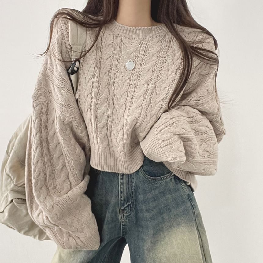 Cable Knit Crew Neck Sweater with Drop Shoulder
