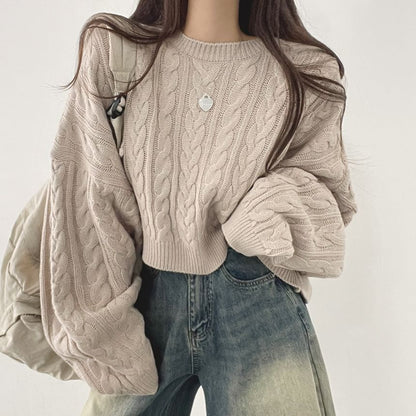 Cable Knit Crew Neck Sweater with Drop Shoulder