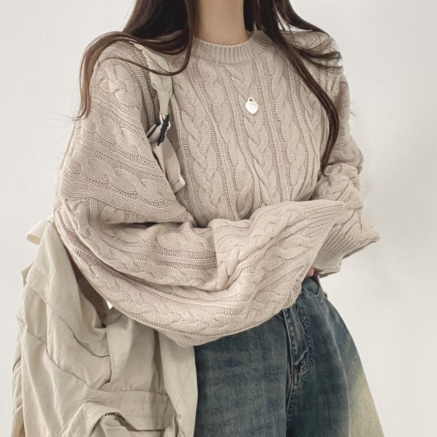 Cable Knit Crew Neck Sweater with Drop Shoulder