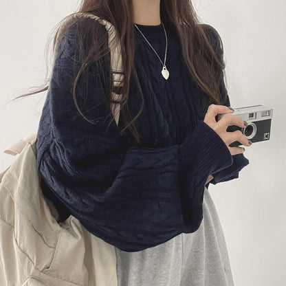 Cable Knit Crew Neck Sweater with Drop Shoulder