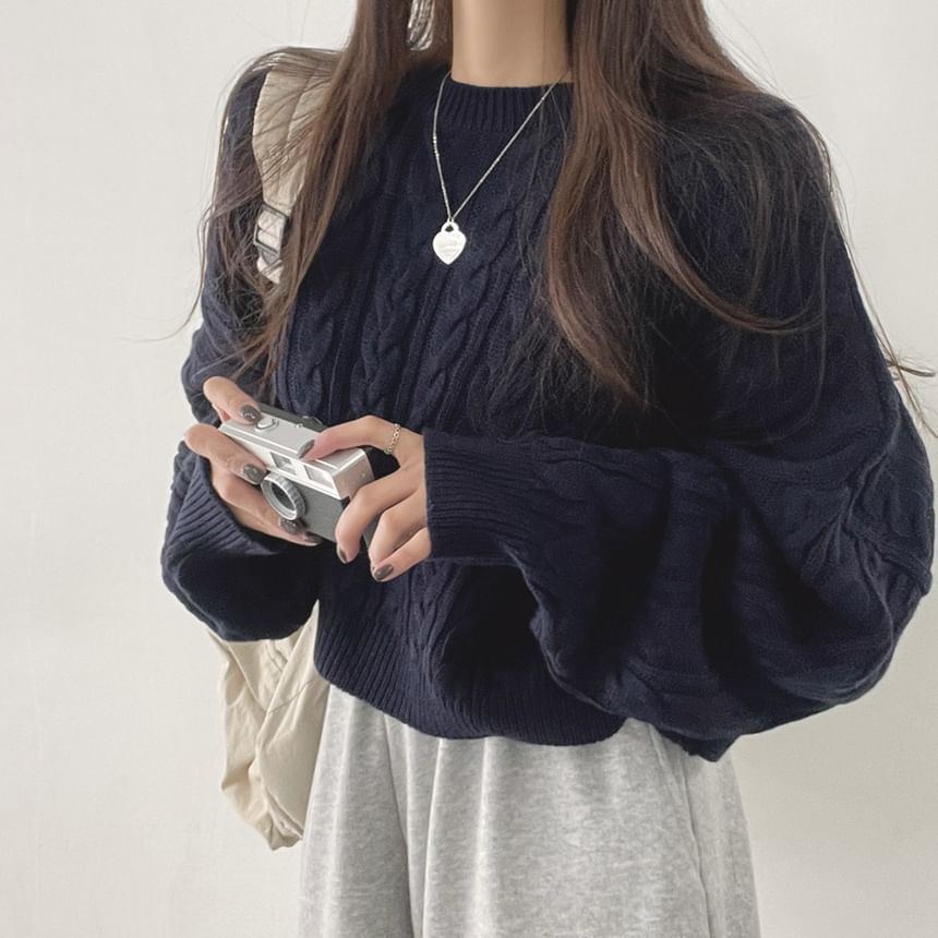 Cable Knit Crew Neck Sweater with Drop Shoulder