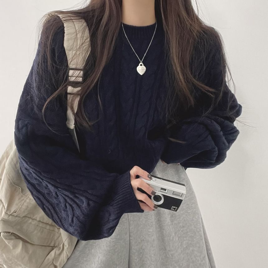 Cable Knit Crew Neck Sweater with Drop Shoulder