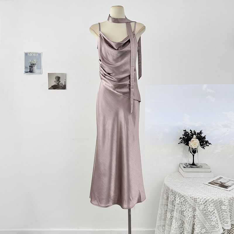 Set: Spaghetti Strap Cowl Neck Plain Ruched Satin Maxi Mermaid Dress + Skinny Scarf