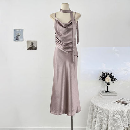 Set: Spaghetti Strap Cowl Neck Plain Ruched Satin Maxi Mermaid Dress + Skinny Scarf