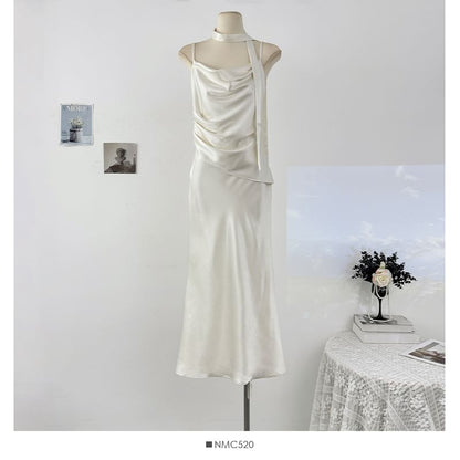 Set: Spaghetti Strap Cowl Neck Plain Ruched Satin Maxi Mermaid Dress + Skinny Scarf