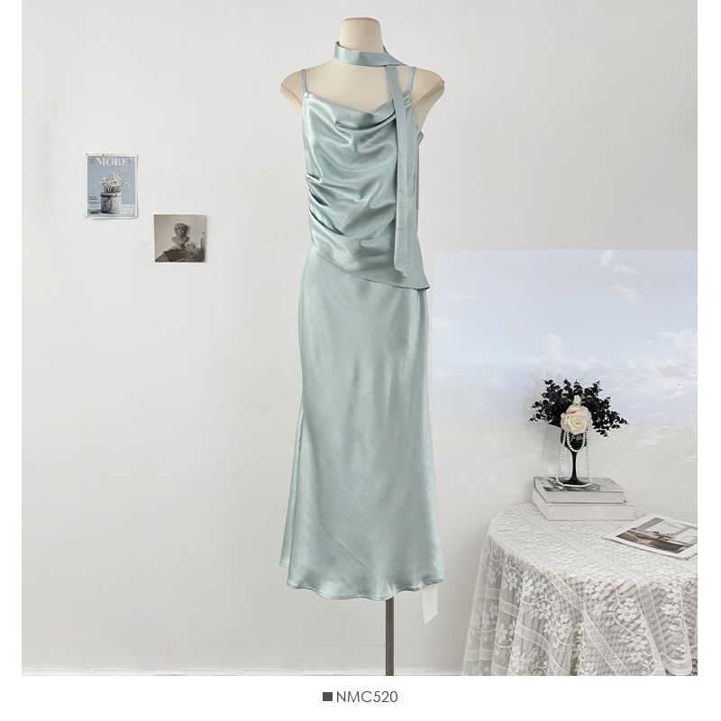 Set: Spaghetti Strap Cowl Neck Plain Ruched Satin Maxi Mermaid Dress + Skinny Scarf