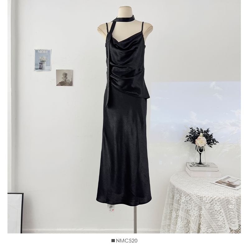 Set: Spaghetti Strap Cowl Neck Plain Ruched Satin Maxi Mermaid Dress + Skinny Scarf