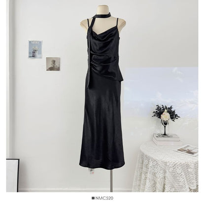 Set: Spaghetti Strap Cowl Neck Plain Ruched Satin Maxi Mermaid Dress + Skinny Scarf
