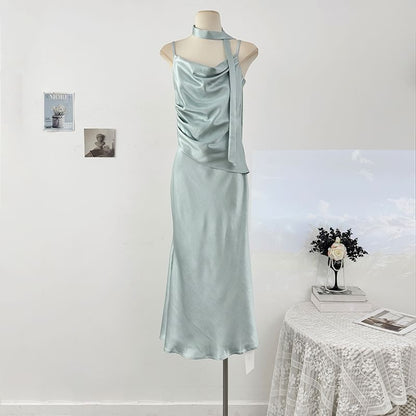 Set: Spaghetti Strap Cowl Neck Plain Ruched Satin Maxi Mermaid Dress + Skinny Scarf