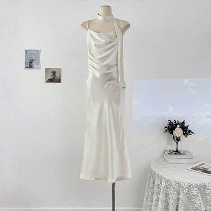 Set: Spaghetti Strap Cowl Neck Plain Ruched Satin Maxi Mermaid Dress + Skinny Scarf