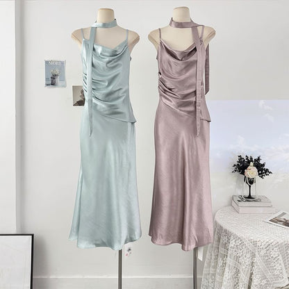 Set: Spaghetti Strap Cowl Neck Plain Ruched Satin Maxi Mermaid Dress + Skinny Scarf