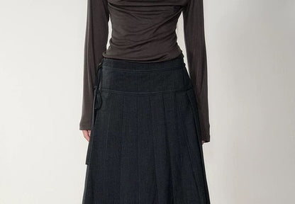 Off Shoulder Plaid Button Top with Pleated Midi Skirt