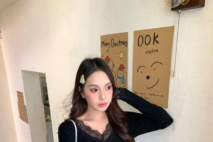 V-Neck Lace Panel Top with Long Sleeves