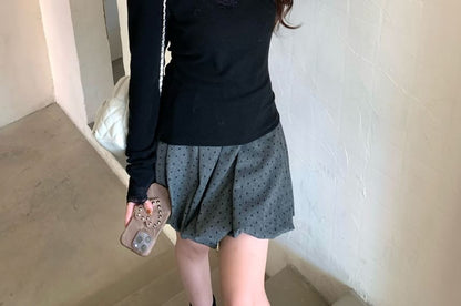 V-Neck Lace Panel Top with Long Sleeves