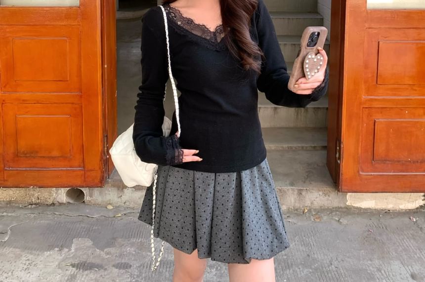 V-Neck Lace Panel Top with Long Sleeves