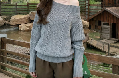 Off-Shoulder Cable Knit Sweater with Solid Pattern