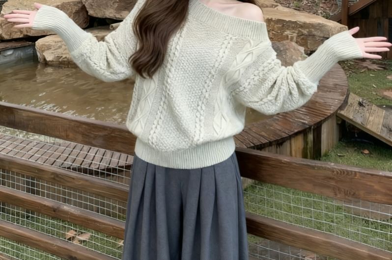 Off-Shoulder Cable Knit Sweater with Solid Pattern