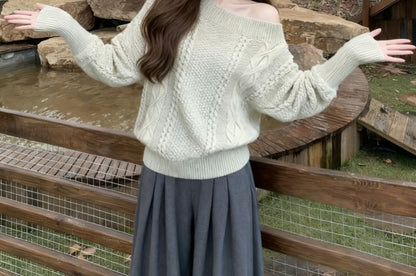 Off-Shoulder Cable Knit Sweater with Solid Pattern
