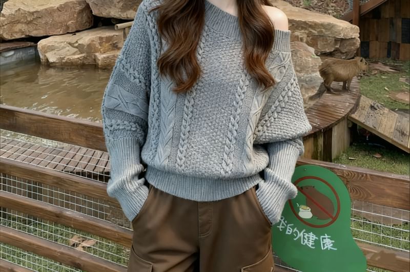 Off-Shoulder Cable Knit Sweater with Solid Pattern