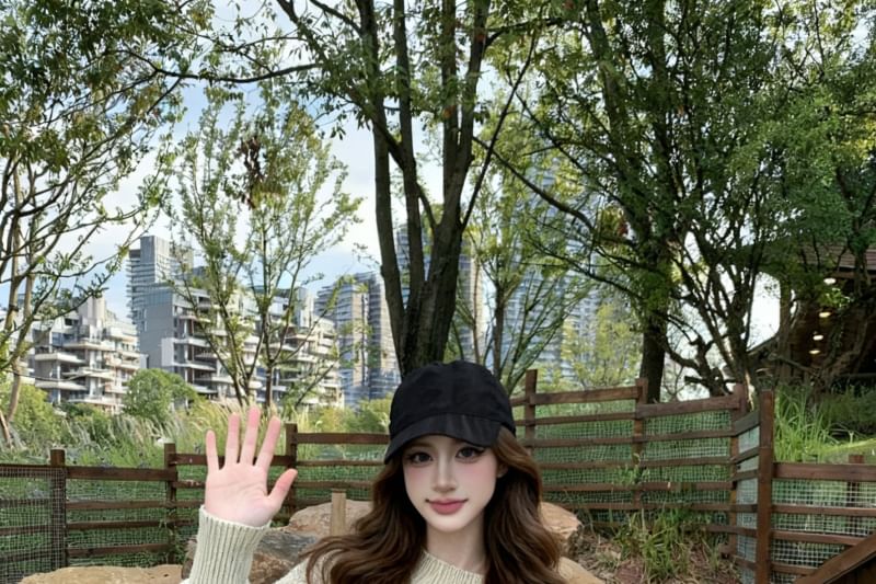 Off-Shoulder Cable Knit Sweater with Solid Pattern