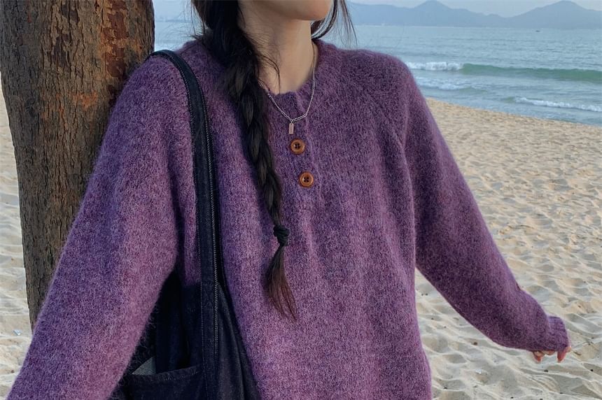 Henley Style Solid Pullover Sweater