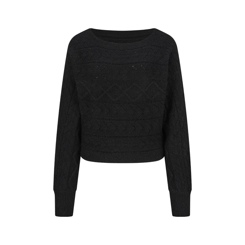 Cropped Off-Shoulder Sweater with Perforated Texture