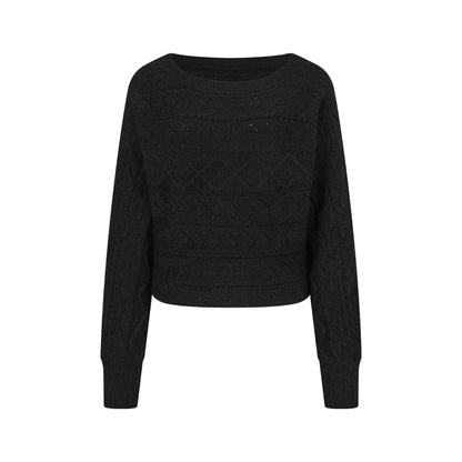 Cropped Off-Shoulder Sweater with Perforated Texture
