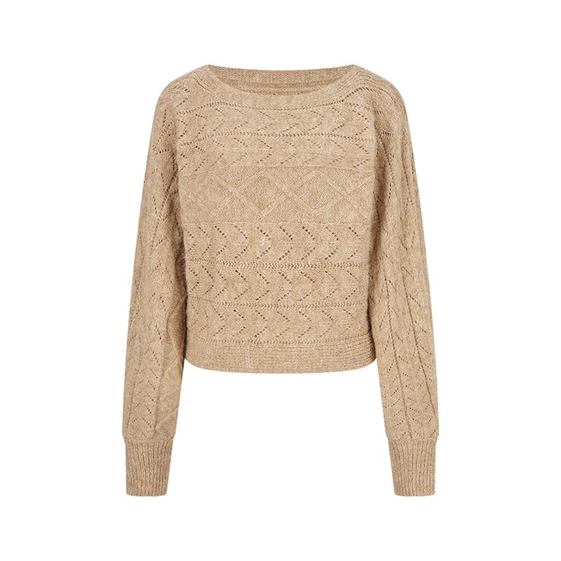 Cropped Off-Shoulder Sweater with Perforated Texture