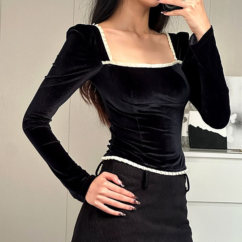 Square Neck Lace-Up Top with Long Sleeves