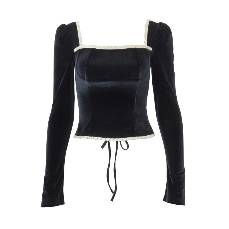 Square Neck Lace-Up Top with Long Sleeves