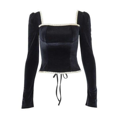 Square Neck Lace-Up Top with Long Sleeves