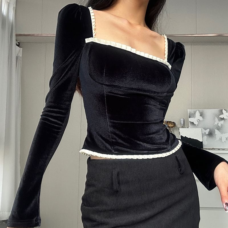 Square Neck Lace-Up Top with Long Sleeves
