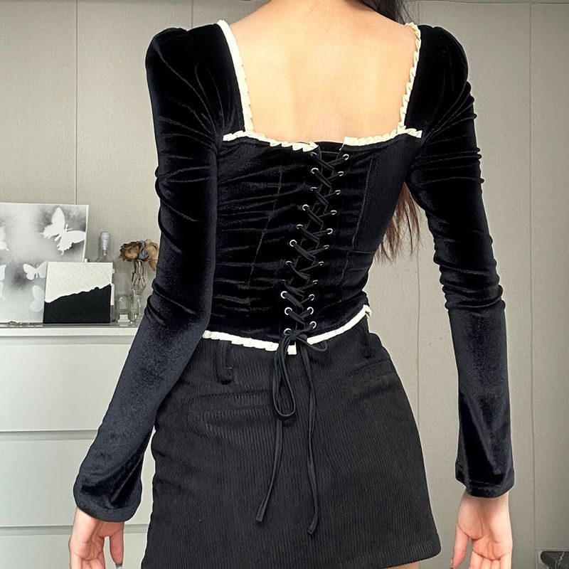 Square Neck Lace-Up Top with Long Sleeves