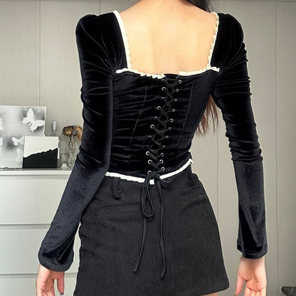 Square Neck Lace-Up Top with Long Sleeves