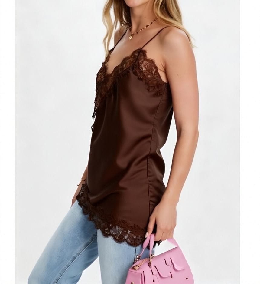 Asymmetrical Camisole with Lace Trim and V-Neck